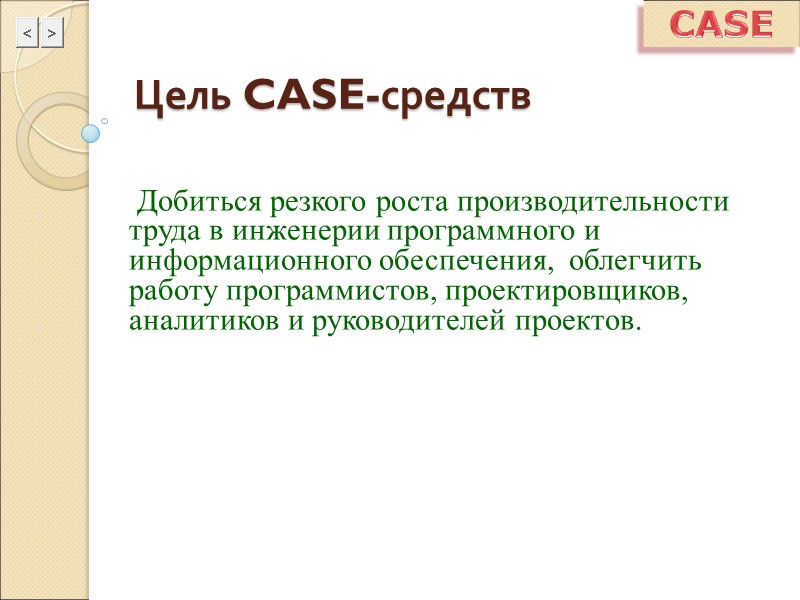 Цель CASE-средств  Добиться резкого роста производительности труда в инженерии программного и информационного обеспечения,